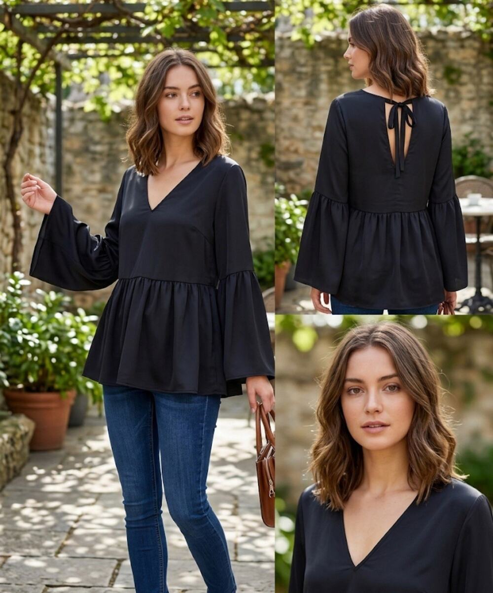 Halogen Peplum Blouse Velvet Tie Bell Sleeve Tunic Black Medium
